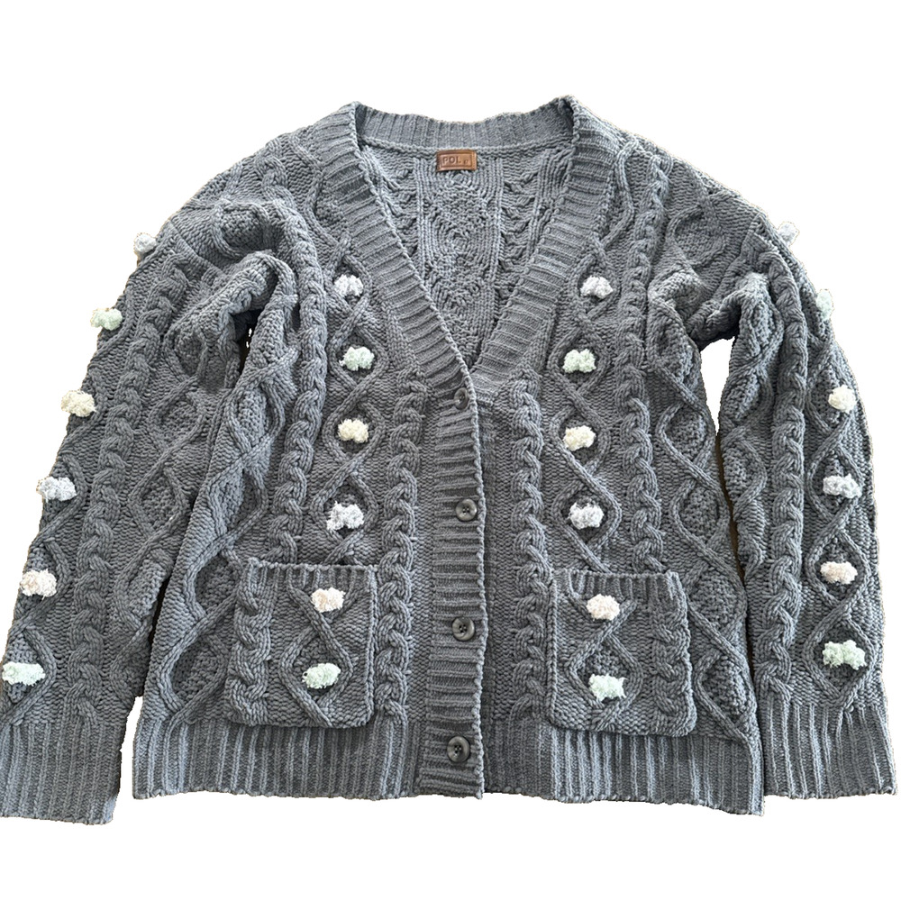POL Cardigan Medium Grey Chunky Knit Long Sleeve 3 Button Sweater Womens Pompons